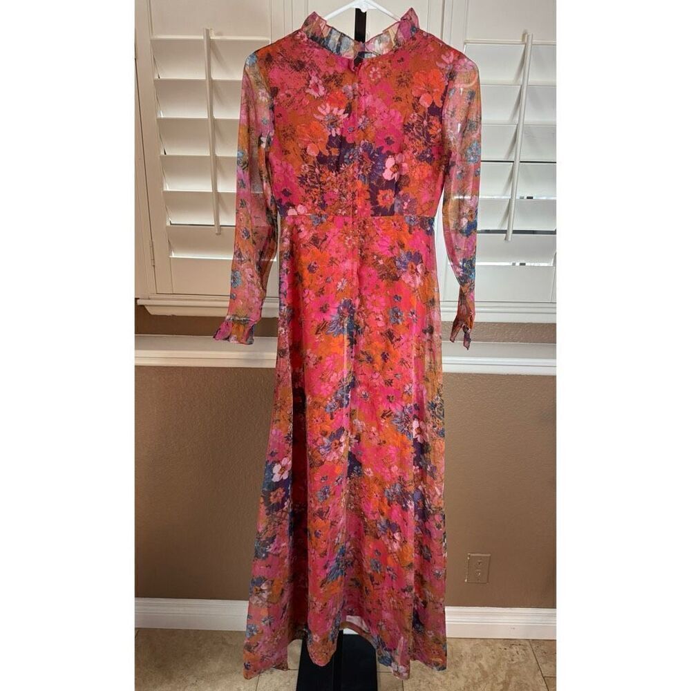 Vintage XS Sheer Sleeve Floral Maxi Dress Ruffle Pink Orange Feminine Fairycore - Picture 7 of 9